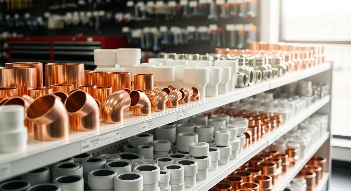 Conexiones de cobre y PVC ordenadas en ferretería